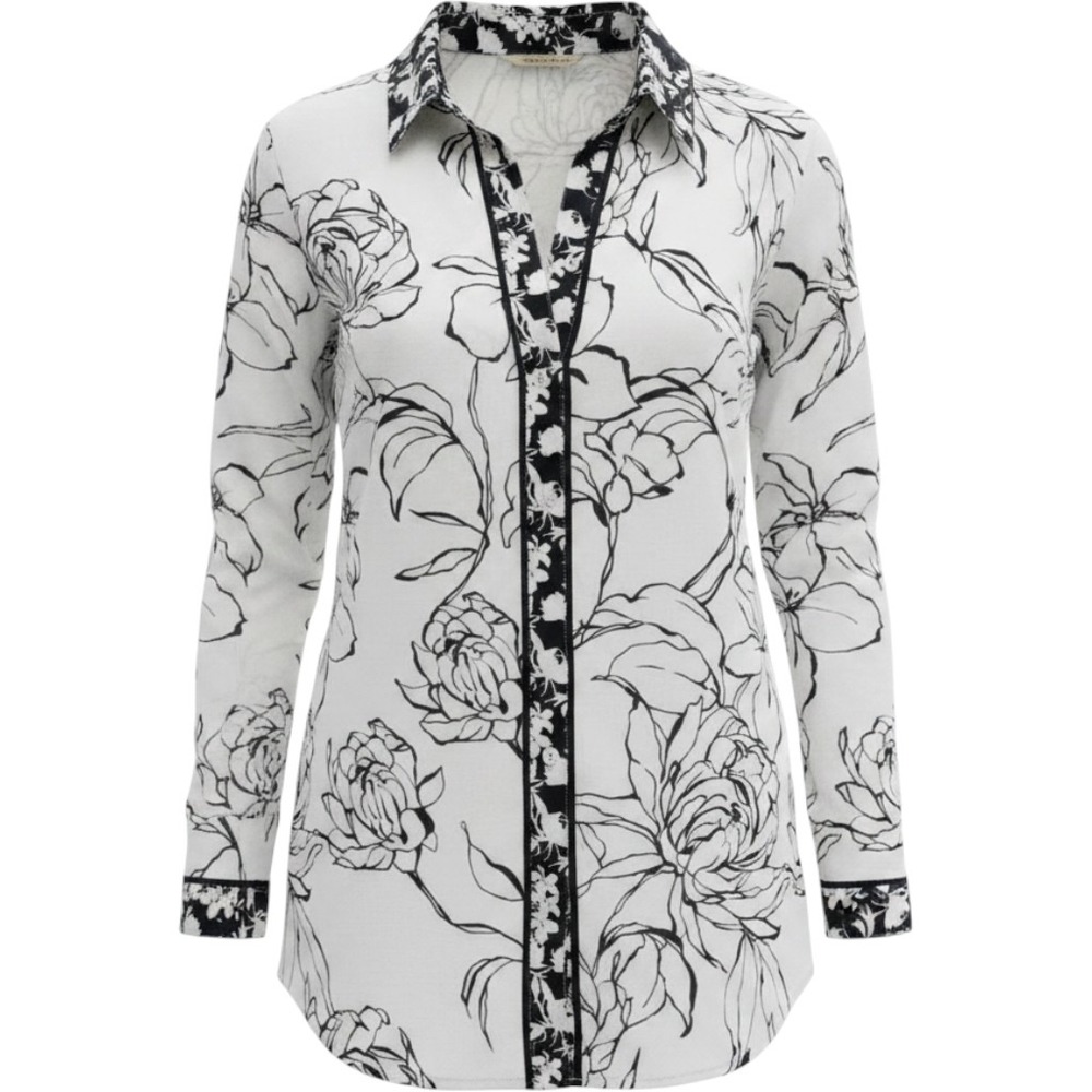 Soft Surroundings Black White Floral Cotton Tunic Button Down Shirt 2GV87 Medium